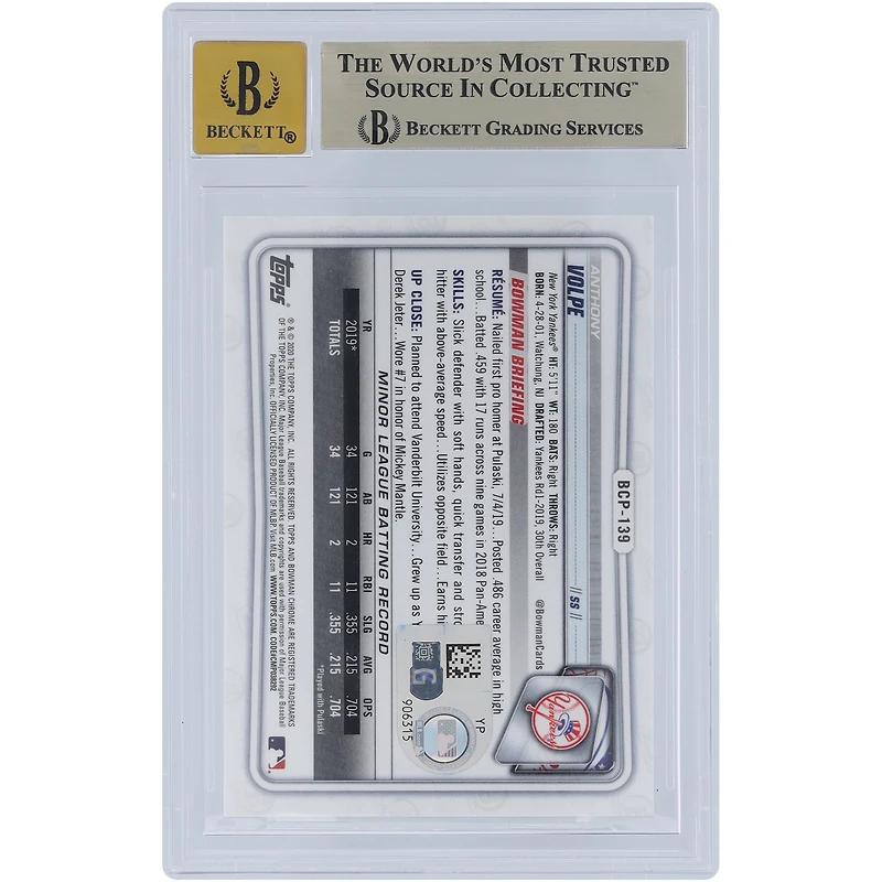 Anthony Volpe, New York Yankees, carte autographiée Bowman Chrome Prospects 2020 #BCP-139 Beckett Fanatics, authentifiée 9,5/10
