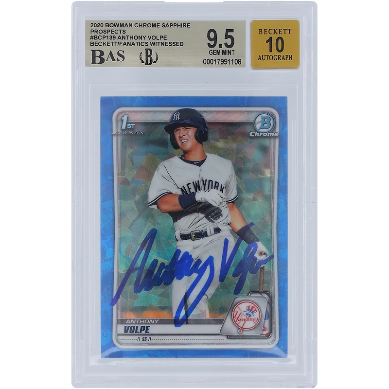 Anthony Volpe New York Yankees Autographié 2020 Bowman Chrome Prospects Sapphire #BCP-139 Beckett Fanatics Witnessed Authenticated 9.5/10 Card
