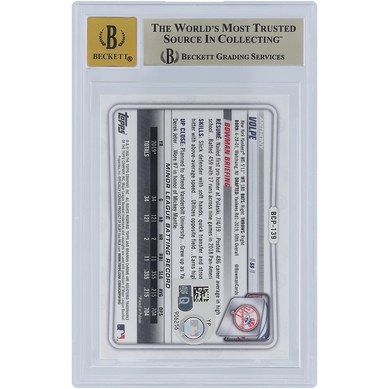 Anthony Volpe New York Yankees Autographié 2020 Bowman Chrome Prospects Sapphire #BCP-139 Beckett Fanatics Witnessed Authenticated 9.5/10 Card