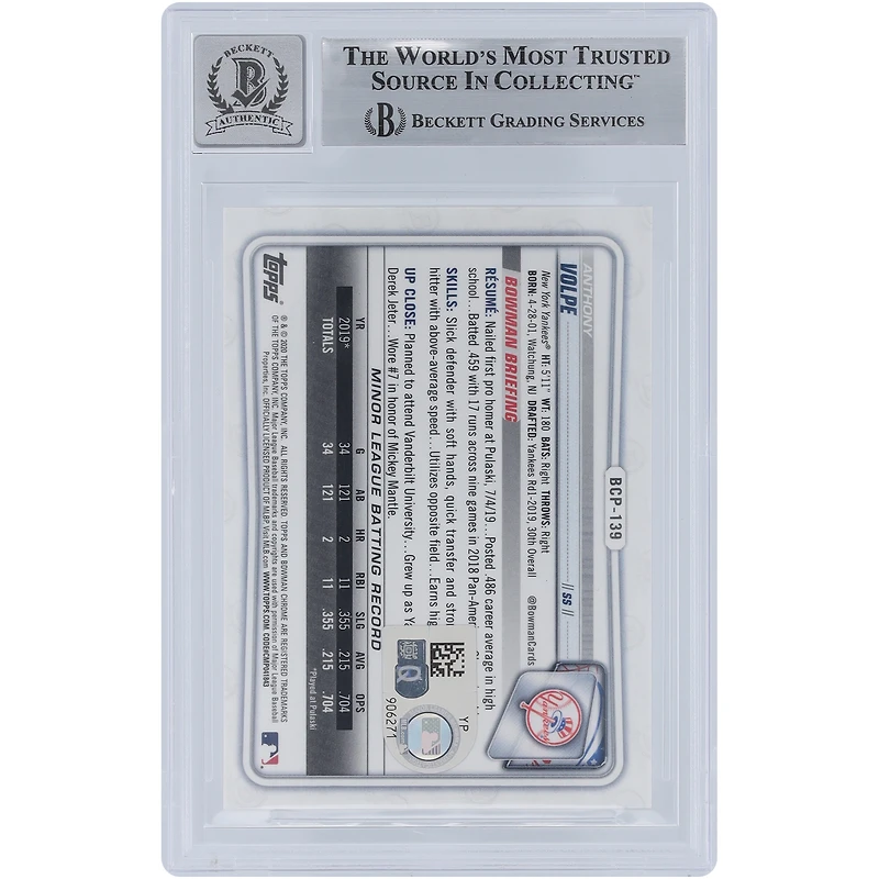 Anthony Volpe New York Yankees Autographed 2020 Bowman Chrome Prospects Sapphire Orange #BCP-139 #/75 Beckett Fanatics Witnessed Authenticated 10 Card