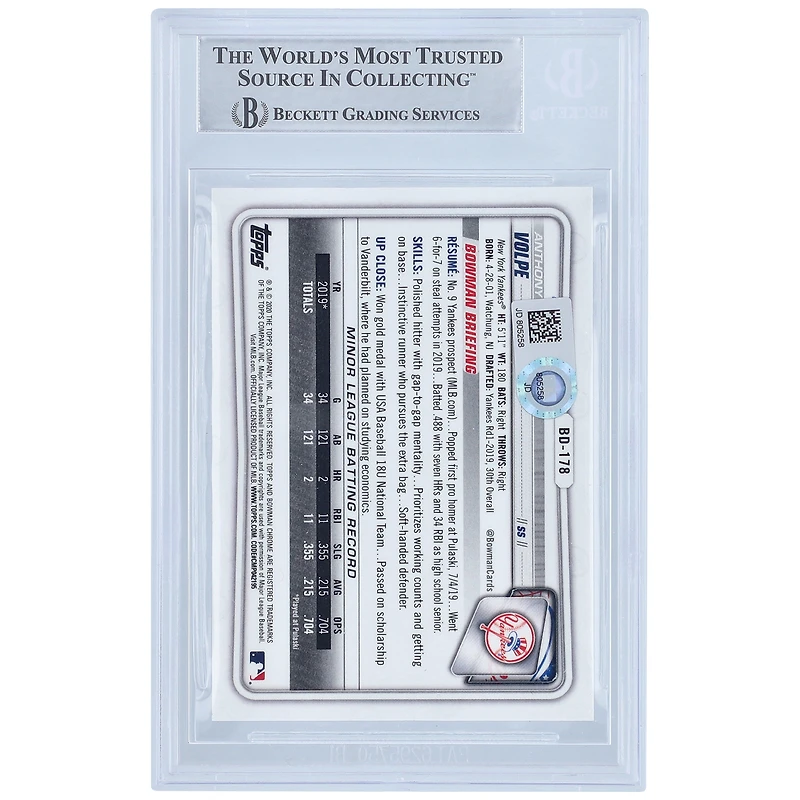 Anthony Volpe New York Yankees Autographié 2020 Bowman Draft Chrome #BD-178 Beckett Fanatics Witnessed Authenticated Card