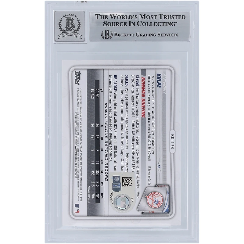 Anthony Volpe New York Yankees Autographed 2020 Bowman Draft #BD-178 Beckett Fanatics Witnessed Authenticated 10 Card