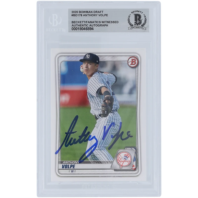 Anthony Volpe New York Yankees autographié 2020 Bowman Draft #BD-178 Beckett Fanatics Witnessed Authenticated Card
