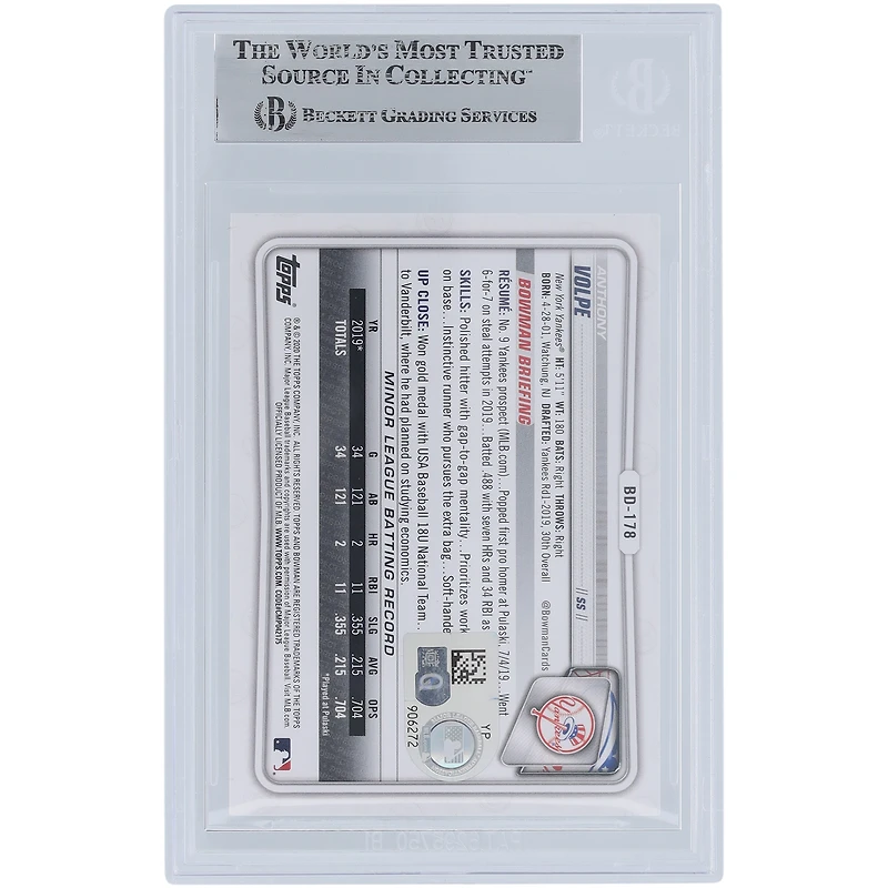 Anthony Volpe New York Yankees autographié 2020 Bowman Draft #BD-178 Beckett Fanatics Witnessed Authenticated Card