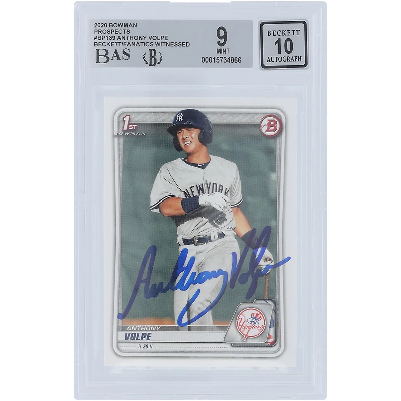 Anthony Volpe New York Yankees Autographié 2020 Bowman Prospects 1er Bowman #BP-139 Beckett Fanatics Witnessed Authenticated 9/10 Card