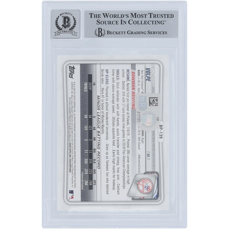 Anthony Volpe New York Yankees Autographié 2020 Bowman Prospects 1er Bowman #BP-139 Beckett Fanatics Witnessed Authenticated 9/10 Card