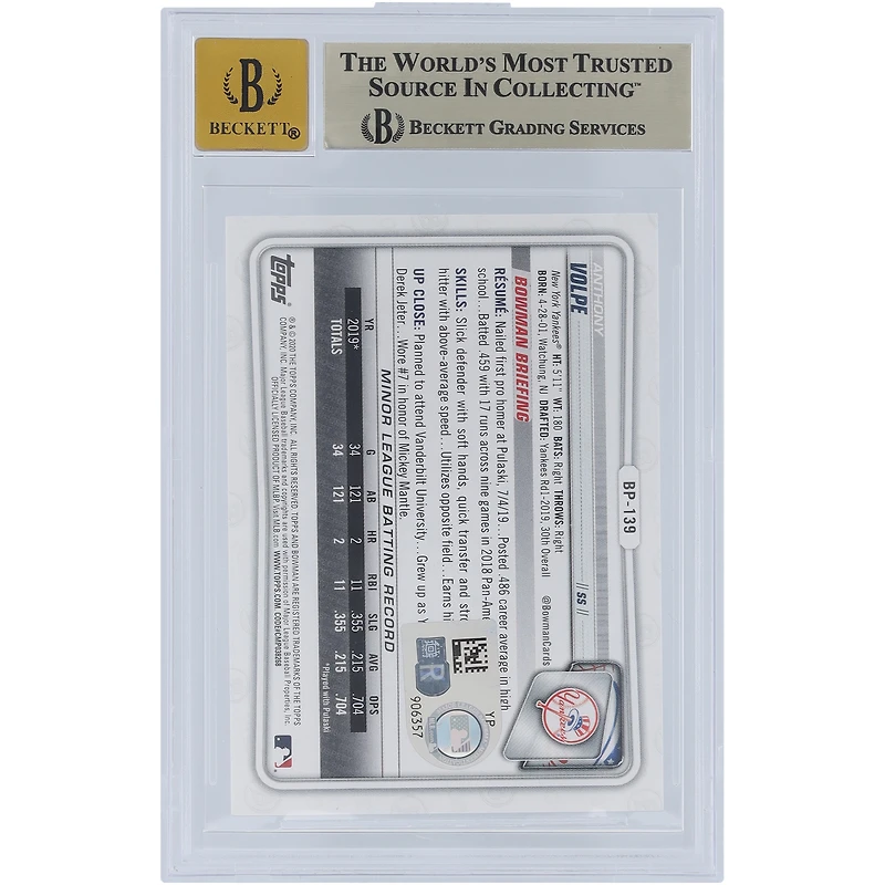 Anthony Volpe New York Yankees Autographed 2020 Bowman Prospects #BP-139 Beckett Fanatics Witnessed Authenticated 9.5/10 Card