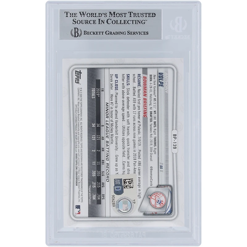 Anthony Volpe New York Yankees Autographed 2020 Bowman Prospects Purple #BP-139 #/250 Beckett Fanatics Witnessed Authenticated Card