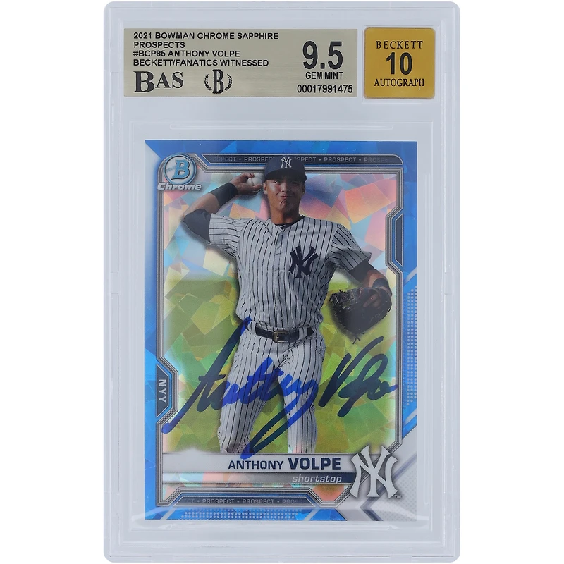 Anthony Volpe New York Yankees Autographed 2021 Bowman Chrome Prospects Sapphire #BCP-85 Beckett Fanatics Witnessed Authenticated /10 Card
