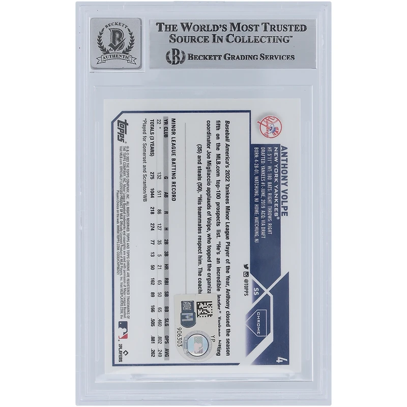 Anthony Volpe, New York Yankees, carte de recrue autographiée Topps Chrome n° 4 Beckett 2023, fanatiques témoins, 10 authentifiée