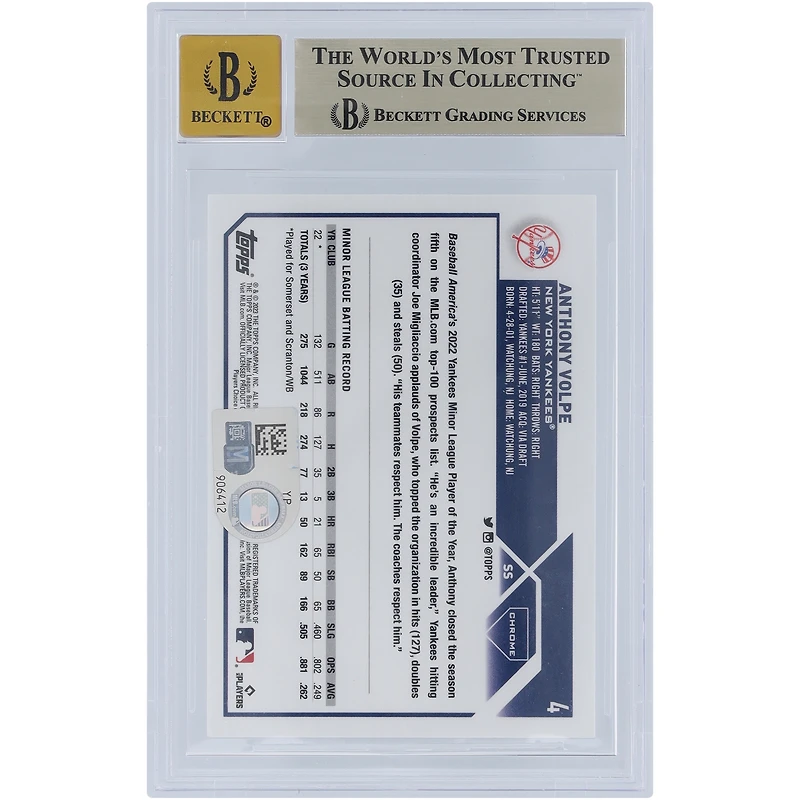 Anthony Volpe, New York Yankees, carte de recrue autographiée Topps Chrome n° 4 Beckett 2023, 9,5/10, vue par des fanatiques