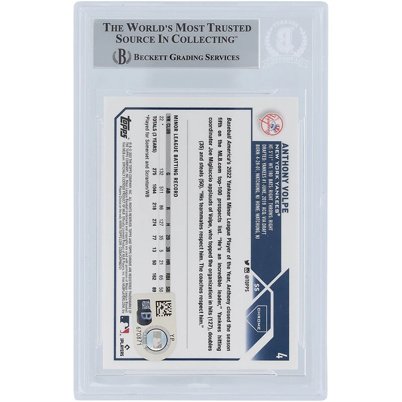 Anthony Volpe, New York Yankees, carte de recrue authentifiée Topps Chrome n° 4 Beckett 2023 autographiée par les fanatiques