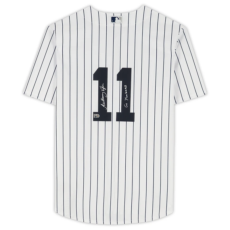 Maillot réplique Nike blanc autographié par Anthony Volpe des Yankees de New York avec inscription « Go Yankees »