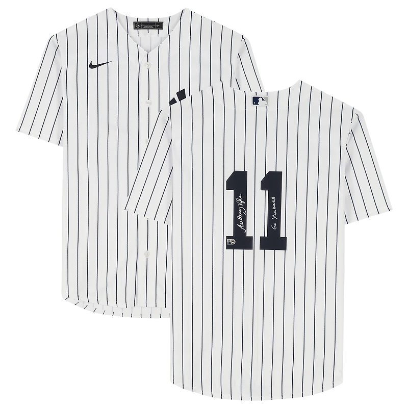 Maillot réplique Nike blanc autographié par Anthony Volpe des Yankees de New York avec inscription « Go Yankees »