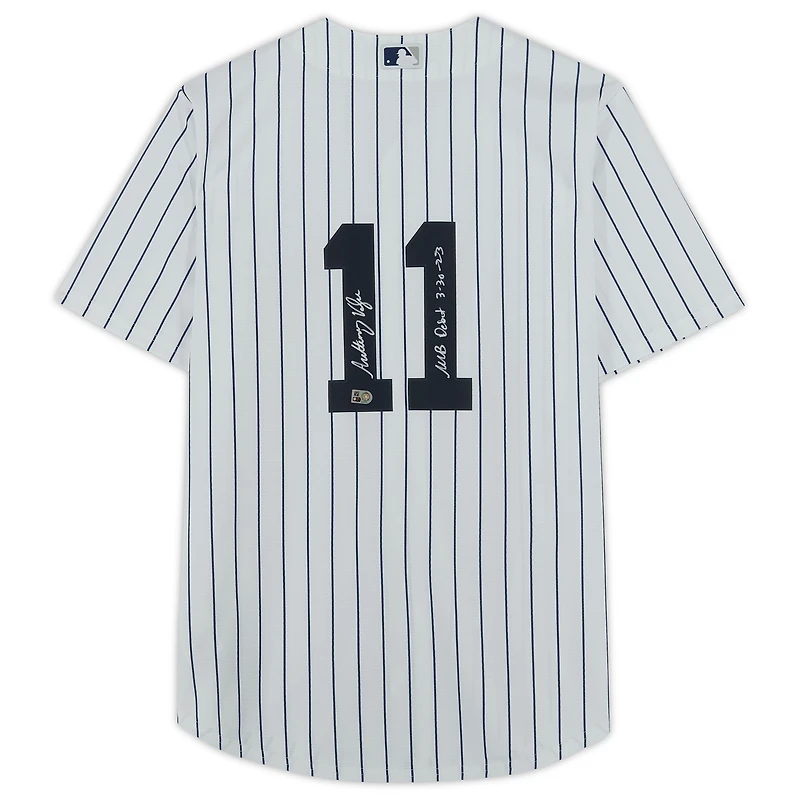 Maillot réplique blanc Nike autographié par Anthony Volpe des Yankees de New York avec inscription « Débuts en MLB le 30/03/2023 ».