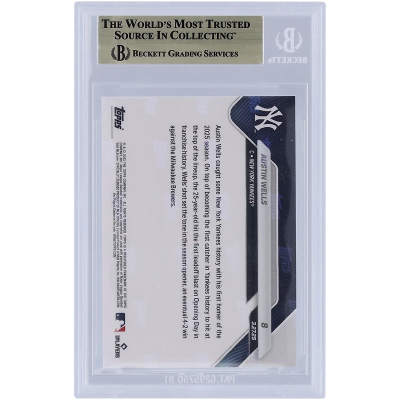 Austin Wells New York Yankees 2025 Topps maintenant le premier coup de circuit en tête de la journée d'ouverture de l'histoire des Yankees #8 BGS Carte 10 authentifiée - Sous-grades 10,10,10,9,5