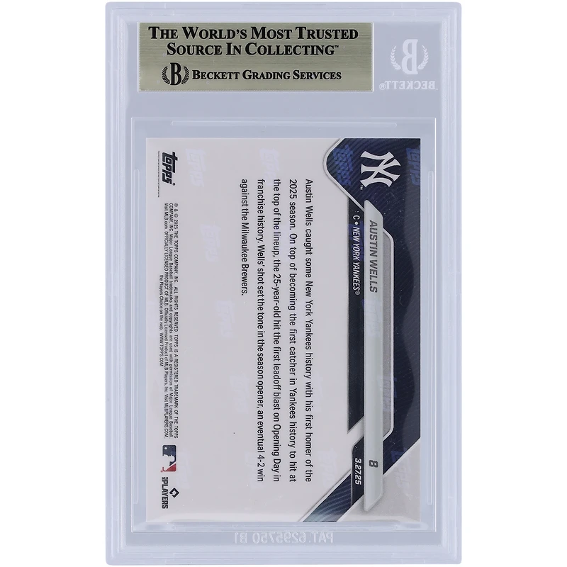 Austin Wells New York Yankees 2025 Topps maintenant le 1er coup de circuit en tête de la journée d'ouverture dans l'histoire des Yankees #8 BGS Carte authentifiée 9.5