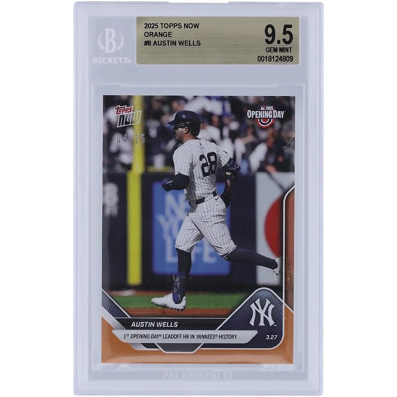 Austin Wells New York Yankees 2025 Topps Now 1st Opening Day Leadoff HR in Yankees History Orange #8 #/25 BGS Authenticated 9.5 Card