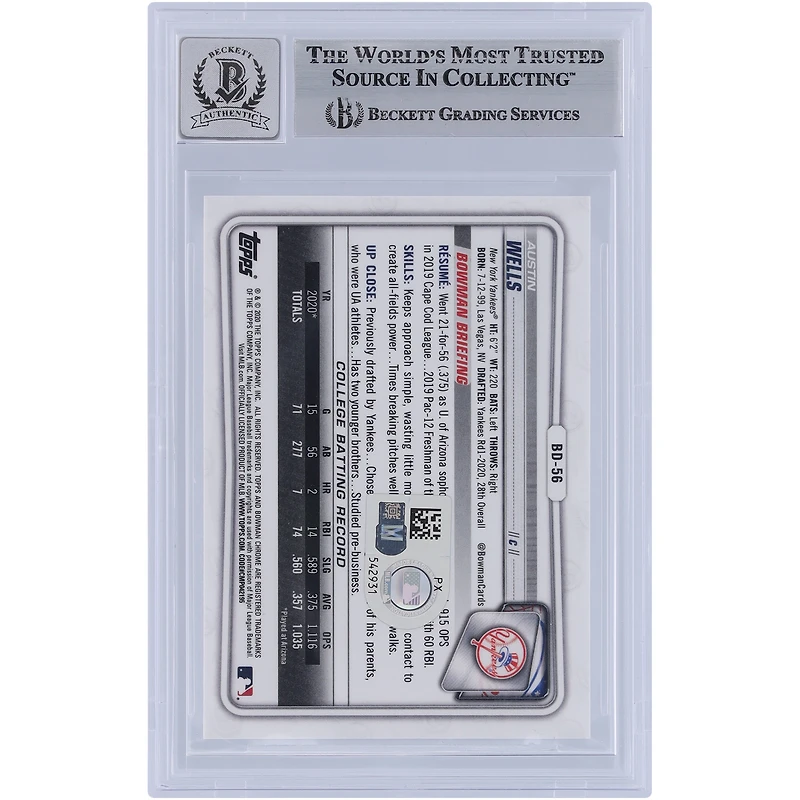 Austin Wells New York Yankees Autographié 2020 Bowman Chrome Draft #BD-56 Beckett Fanatics Witnessed Authenticated 9/10 Card