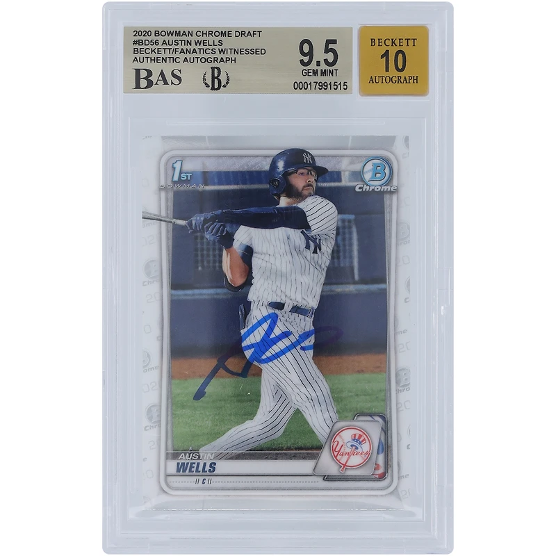 Austin Wells New York Yankees Autographed 2020 Bowman Chrome Draft #BD-56 Beckett Fanatics Witnessed Authenticated / Card