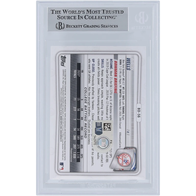 Austin Wells New York Yankees Autographed 2020 Bowman Draft #BD-56 Beckett Fanatics Witnessed Authenticated Card