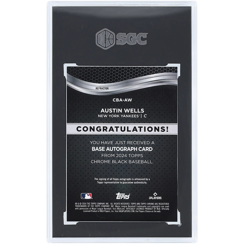 Carte de recrue 10 authentifiée par SGC, signée par Austin Wells, des Yankees de New York, édition 2024 Topps Chrome Black Refractor #CBA-AW #84/150
