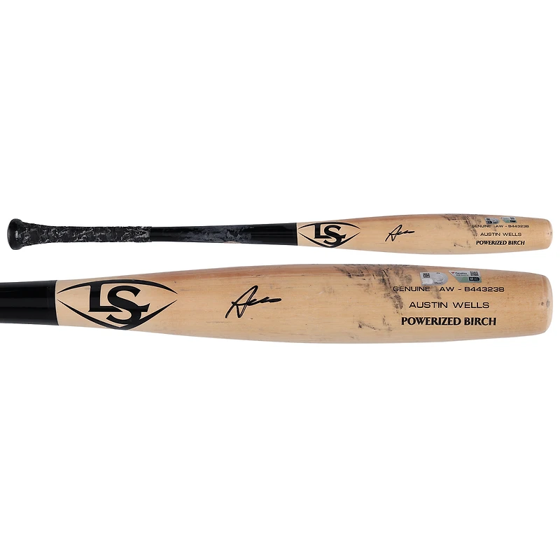Bâton cassé Louisville Slugger beige et noir autographié par Austin Wells, utilisé lors du match des Yankees de New York contre les Padres de San Diego le 6 mai 2025