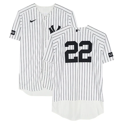 Maillot Nike blanc à rayures fines n° 22 porté par Ben Rice (New York Yankees) contre les Orioles de Baltimore le 3 mai 2026 - 2 coups sûrs en 2 présences au bâton, circuit, point produit, 2 points marqués