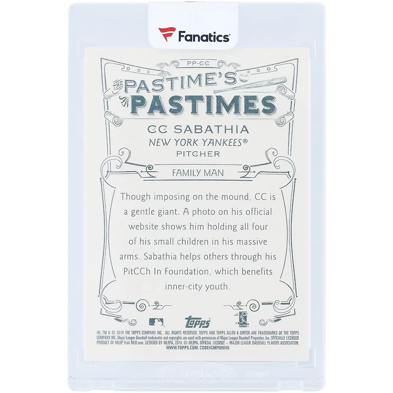 Carte autographiée CC Sabathia des Yankees de New York, série Signature 2014 Topps Archives A&G Pastime's Pastimes #PP-CC #1/1