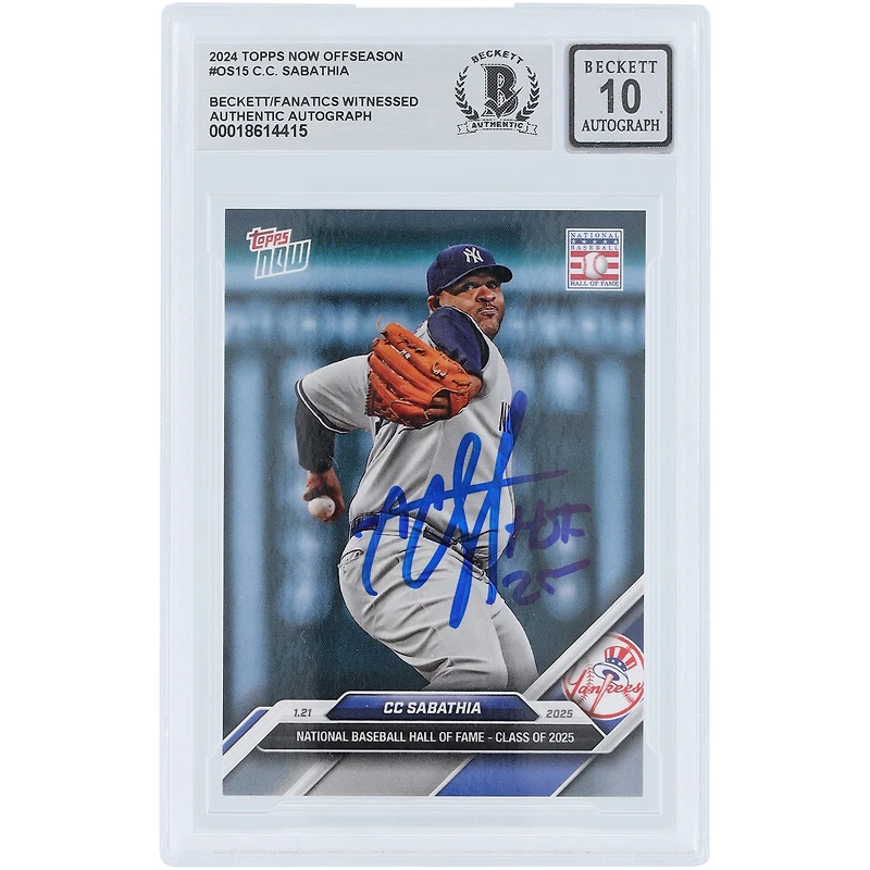 Carte autographiée de CC Sabathia, des Yankees de New York, collection Topps Now National HOF 2024, promotion 1925, n° OS-15, authentifiée par Beckett Fanatics Witnessed, avec inscription « HOF 25 ».