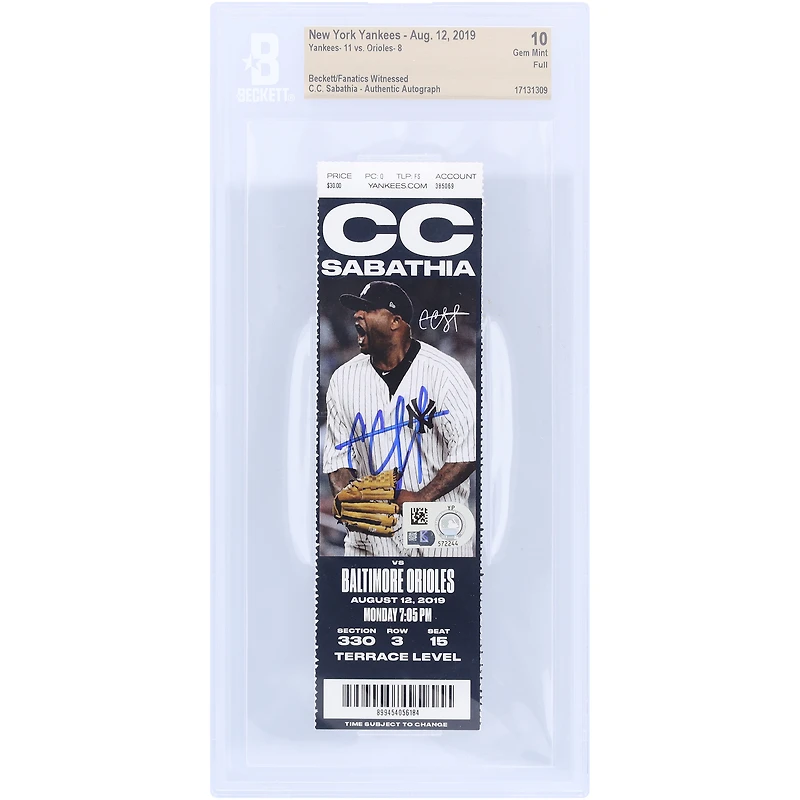 CC Sabathia New York Yankees Autographed Beckett Fanatics Witnessed Authenticated Ticket from August 12