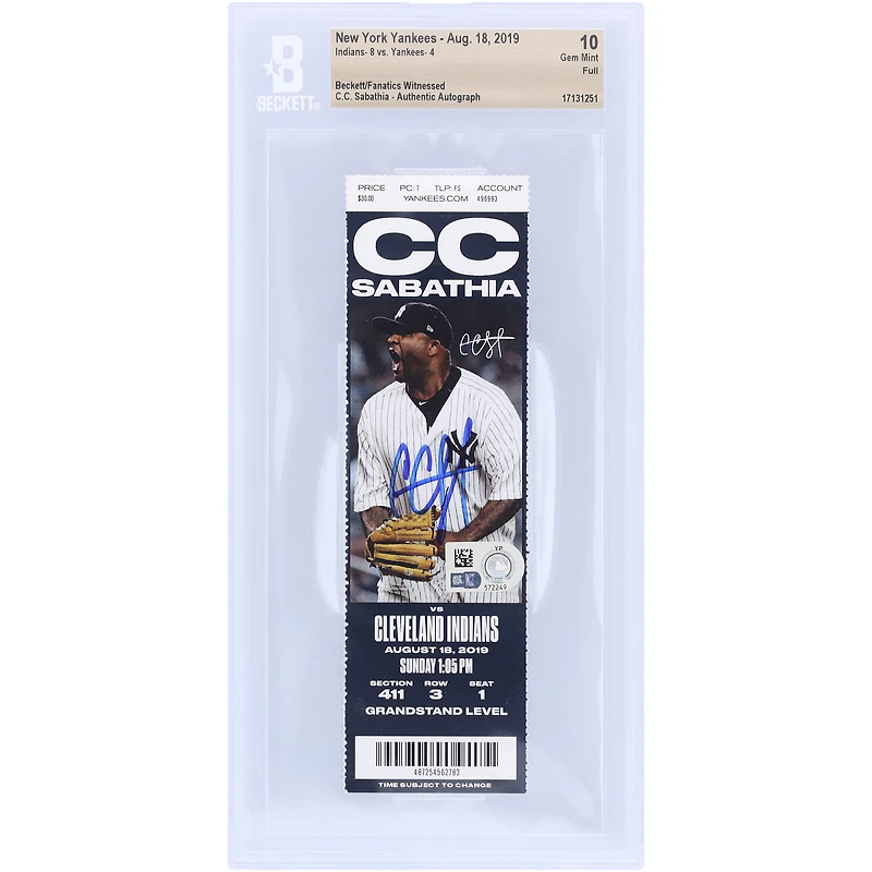 CC Sabathia New York Yankees Autographed Beckett Fanatics Witnessed Authenticated Ticket from August 18