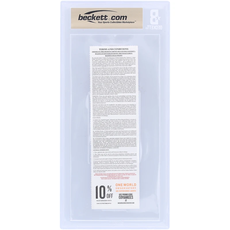 CC Sabathia New York Yankees Autographed Beckett Fanatics Witnessed Authenticated 10 Ticket from September 22, 2019