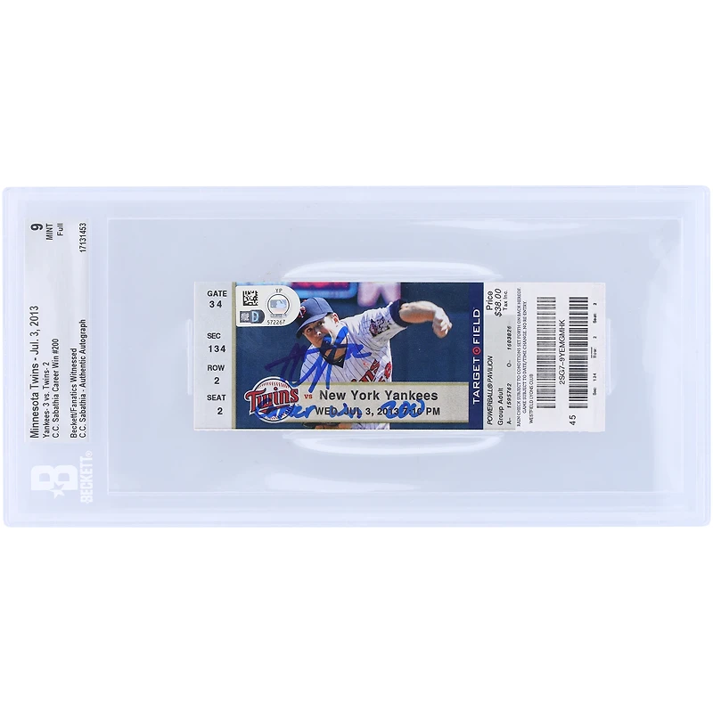 CC Sabathia New York Yankees Autographed Beckett Fanatics Witnessed Authenticated Ticket from July 3, 2013 with "200th Career Win" Inscription