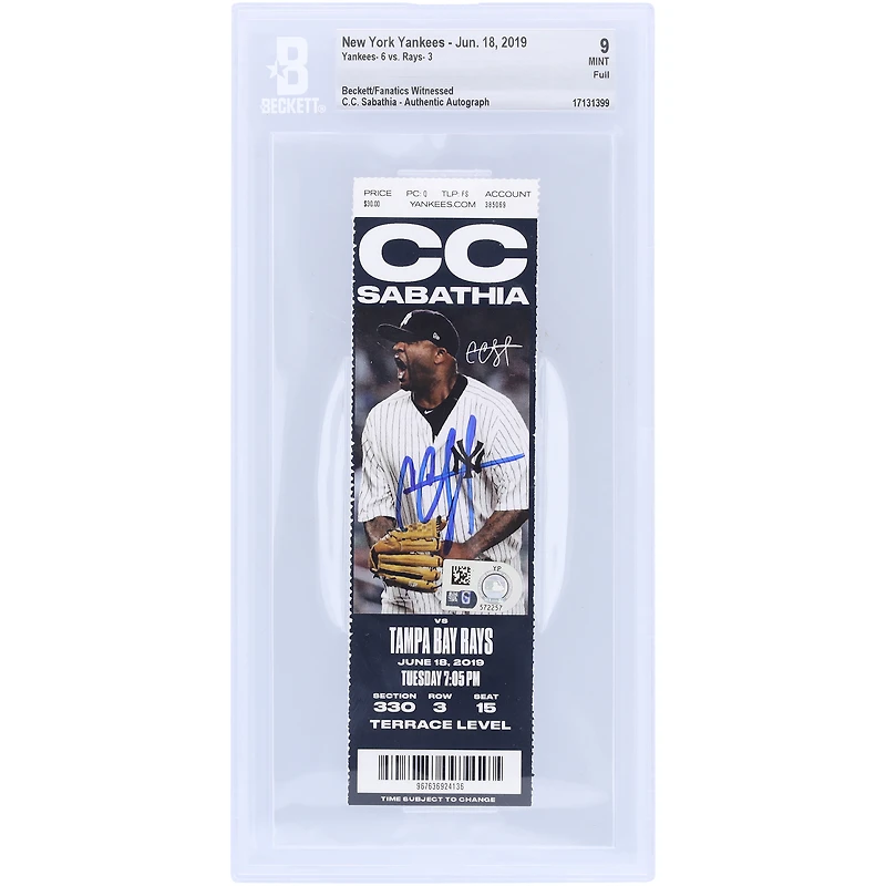 CC Sabathia New York Yankees Autographed Beckett Fanatics Witnessed Authenticated 9 Ticket from June 18, 2019