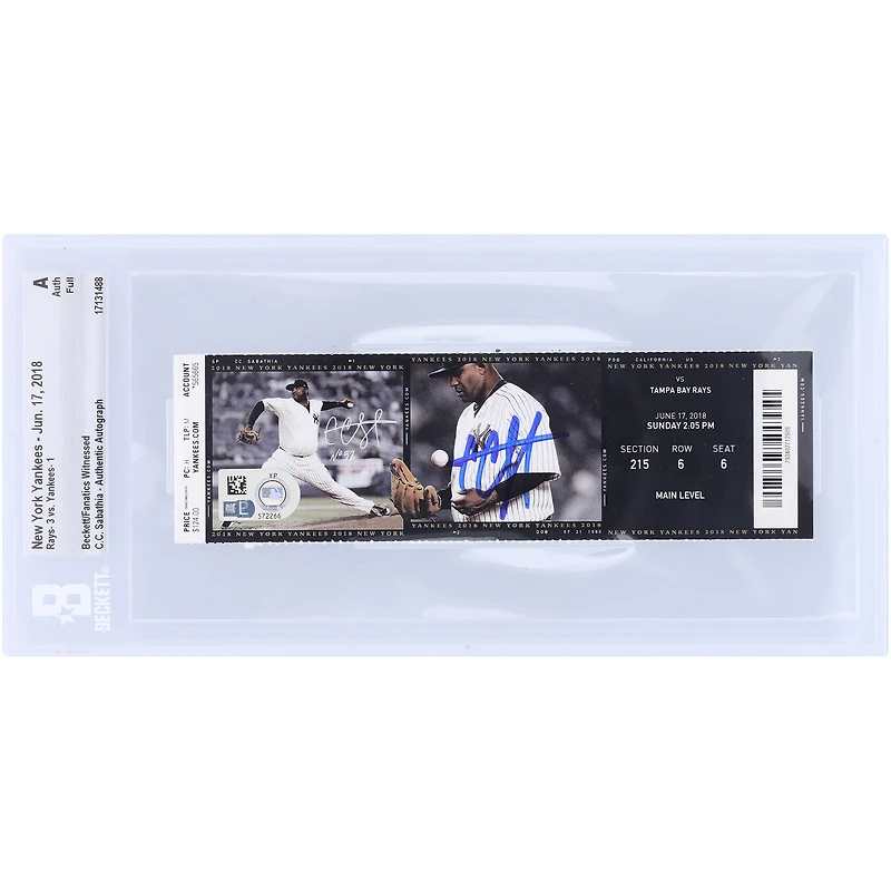 CC Sabathia New York Yankees Autographed Beckett Fanatics Witnessed Authenticated Ticket from June 17, 2018