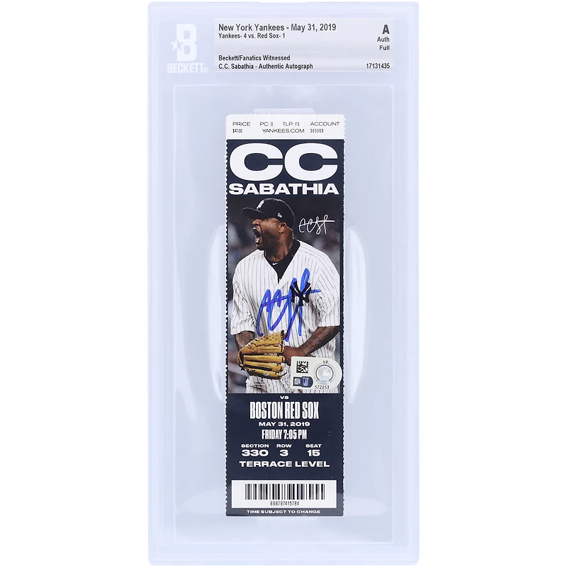 CC Sabathia New York Yankees Autographed Beckett Fanatics Witnessed Authenticated Ticket from May 31, 2019