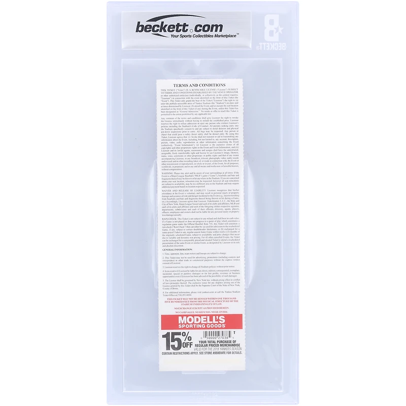 CC Sabathia New York Yankees Autographed Beckett Fanatics Witnessed Authenticated Ticket from September 14, 2018