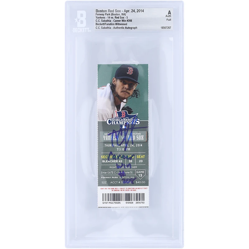 Billet authentifié par Beckett Fanatics Witnessed, daté du 24 avril 2014 et signé par CC Sabathia, des Yankees de New York, pour sa 208e victoire en carrière. Inscription « Victoire en carrière n° 208 ».