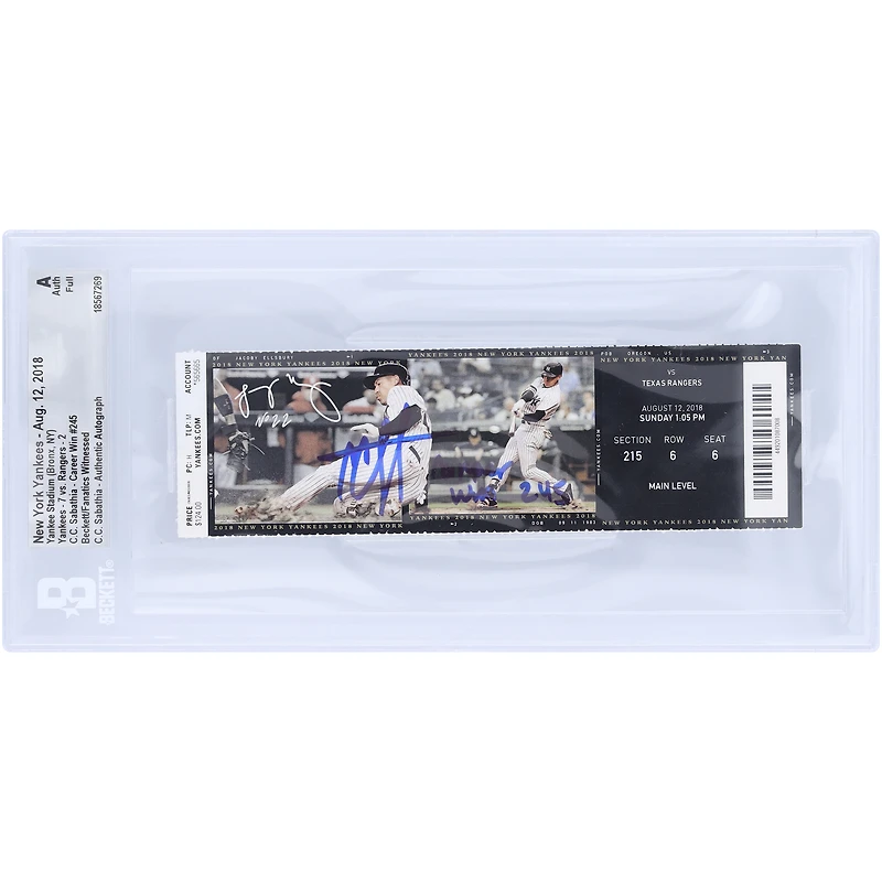 CC Sabathia New York Yankees Autographed Career Win 245 Beckett Fanatics Witnessed Authenticated Ticket from August 12, 2018 with "Career Win #245" Inscription