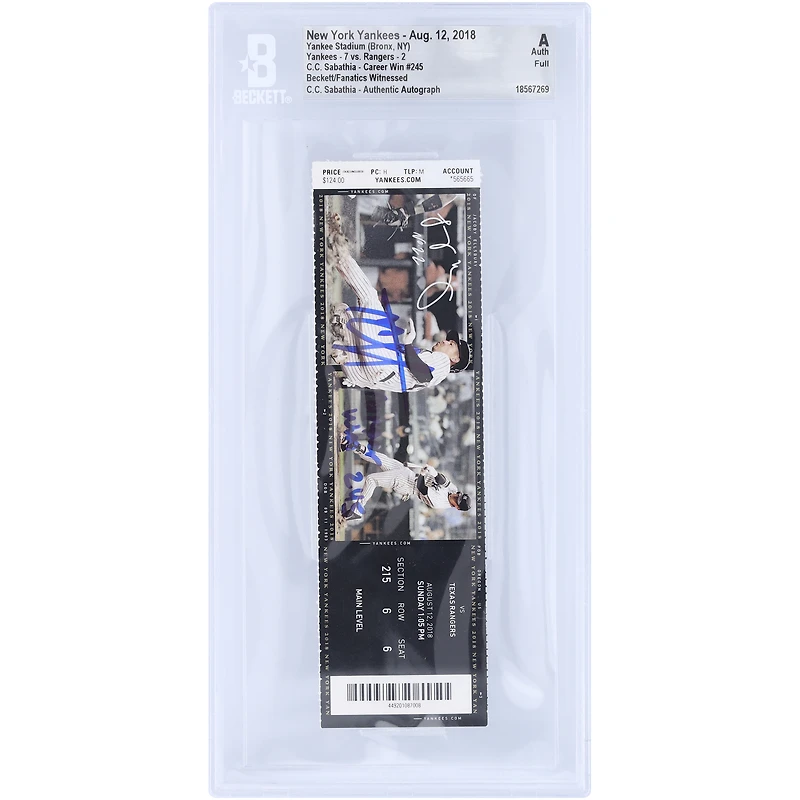 Billet authentifié par Beckett Fanatics Witnessed, daté du 12 août 2018, avec la mention « Victoire en carrière n° 245 » et autographié par CC Sabathia des Yankees de New York.