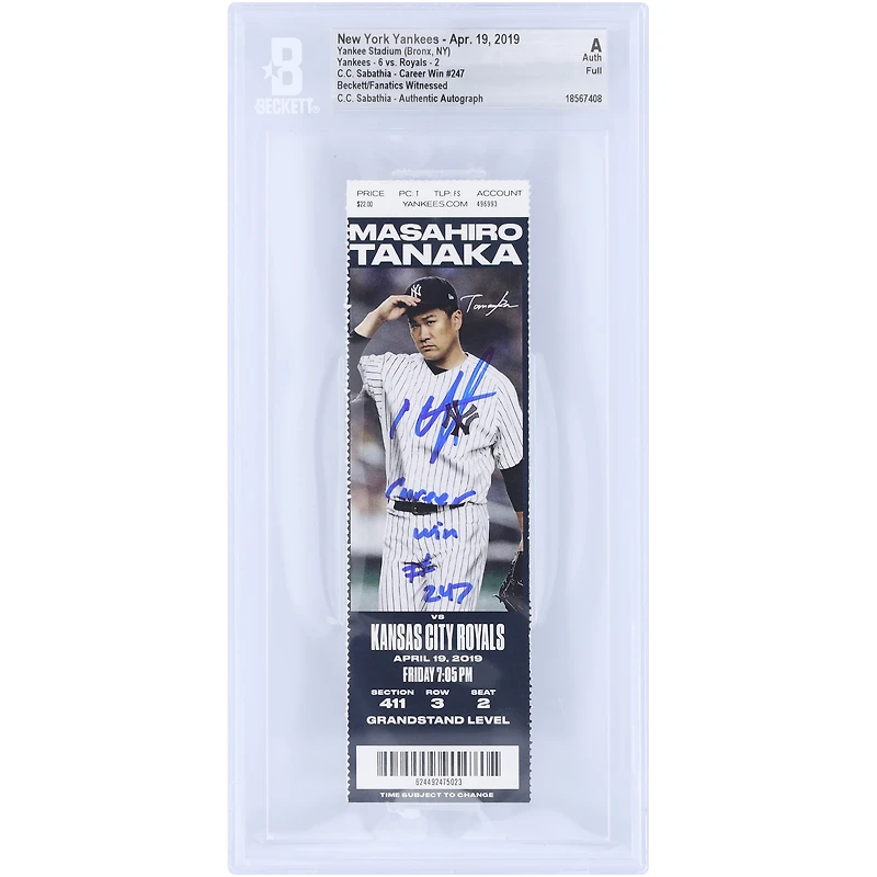 Billet authentifié par Beckett Fanatics Witnessed, daté du 19 avril 2019, avec la mention « Victoire en carrière n° 247 » et autographié par CC Sabathia des Yankees de New York.