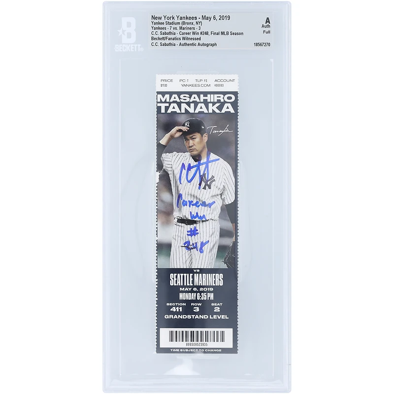 Billet authentifié par Beckett Fanatics Witnessed, daté du 6 mai 2019, avec la mention « Victoire en carrière n° 248 » et autographié par CC Sabathia des Yankees de New York.