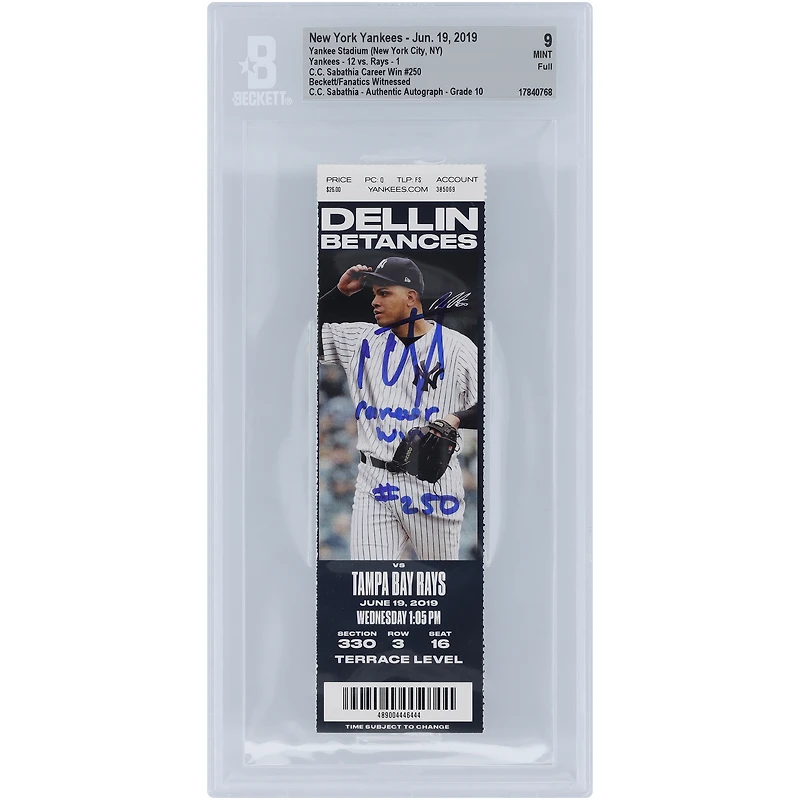 Billet authentifié 9/10 signé CC Sabathia New York Yankees, victoire en carrière n° 250, dont les fans de Beckett ont été témoins, du 19 juin 2019, avec l'inscription « Victoire en carrière n° 250 »