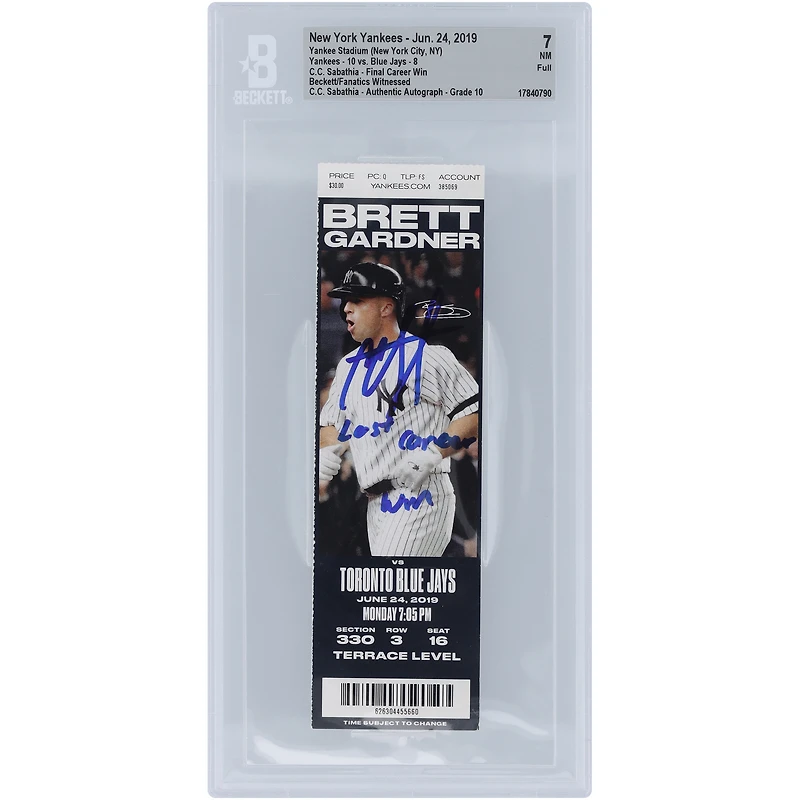 Billet authentifié 7/10 signé CC Sabathia des Yankees de New York pour la dernière victoire en carrière dont les fans de Beckett ont été témoins, daté du 24 juin 2019, avec l'inscription « Dernière victoire en carrière »