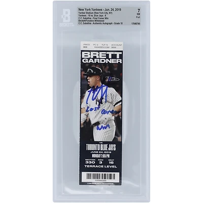 Billet authentifié 7/10 signé CC Sabathia des Yankees de New York pour la dernière victoire en carrière dont les fans de Beckett ont été témoins, daté du 24 juin 2019, avec l'inscription « Dernière victoire en carrière »