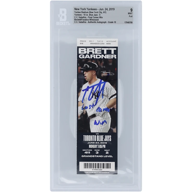 Billet authentifié 9/10 des Yankees de New York signé CC Sabathia, dernière victoire en carrière, dont les fans de Beckett ont été témoins, du 24 juin 2019, avec l'inscription « Dernière victoire en carrière »