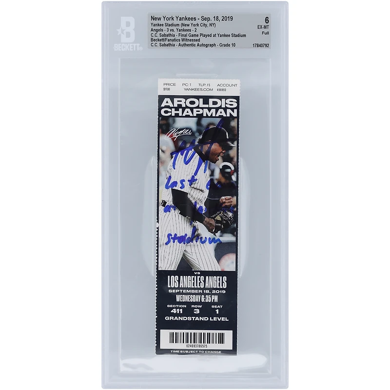Billet autographié CC Sabathia des Yankees de New York pour le dernier match joué au Yankee Stadium. Billet authentifié 6/10 du 18 septembre 2019 avec l'inscription « Dernier match au Yankee Stadium » et vu par les fans de Beckett.