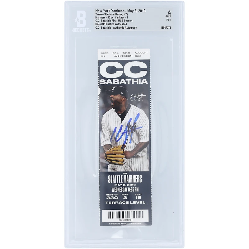 Billet authentifié par Beckett Fanatics Witness pour le dernier match de la saison MLB de CC Sabathia avec les Yankees de New York, daté du 8 mai 2019 et signé par un témoin.
