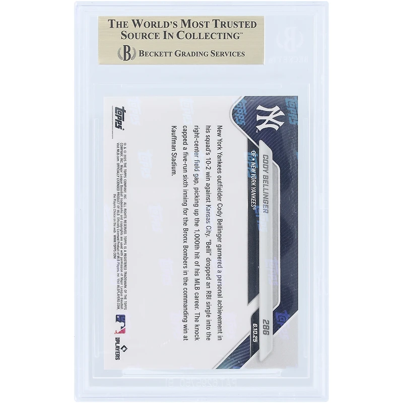 Cody Bellinger New York Yankees 2025 Topps Now Slugger Records 1,000th Career Hit In Road Victory #286 BGS Authenticated 10 Card - 10,10,9.5,10 Subgrades